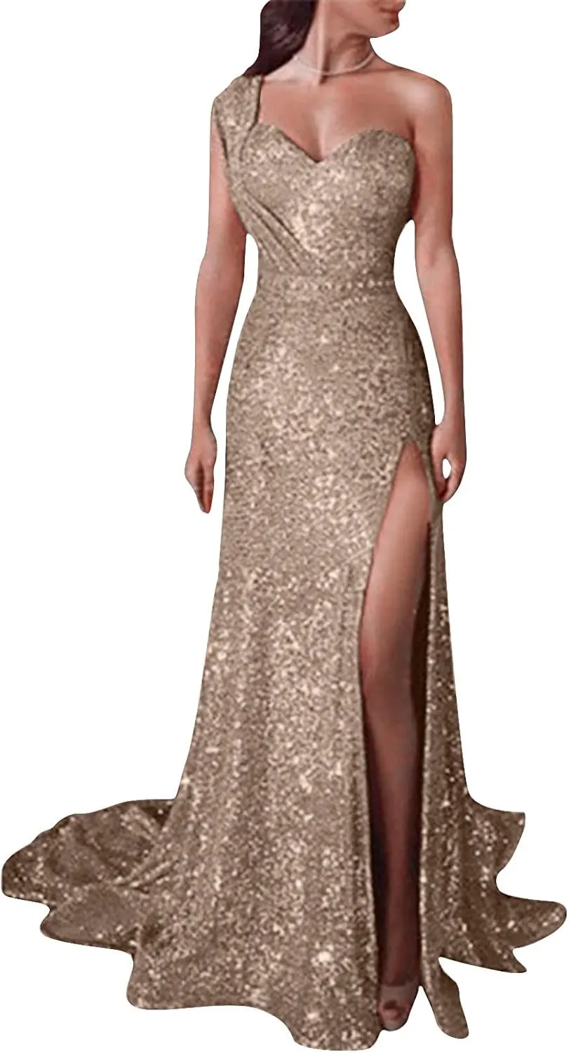 Womens One Shoulder Sequin Prom Formal Dress Glittery Sleeveless Split Side Thigh Floor Length Evening Wedding Gown