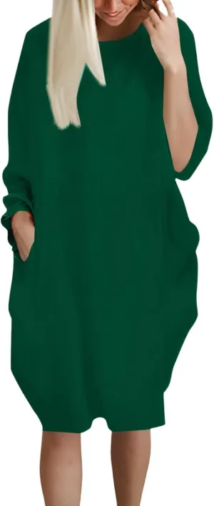 Women's Oversize Baggy Roll-Up Long Sleeve T Shirt Dress for Curvy Causal Loose Midi Tunic Dresses with Pockets