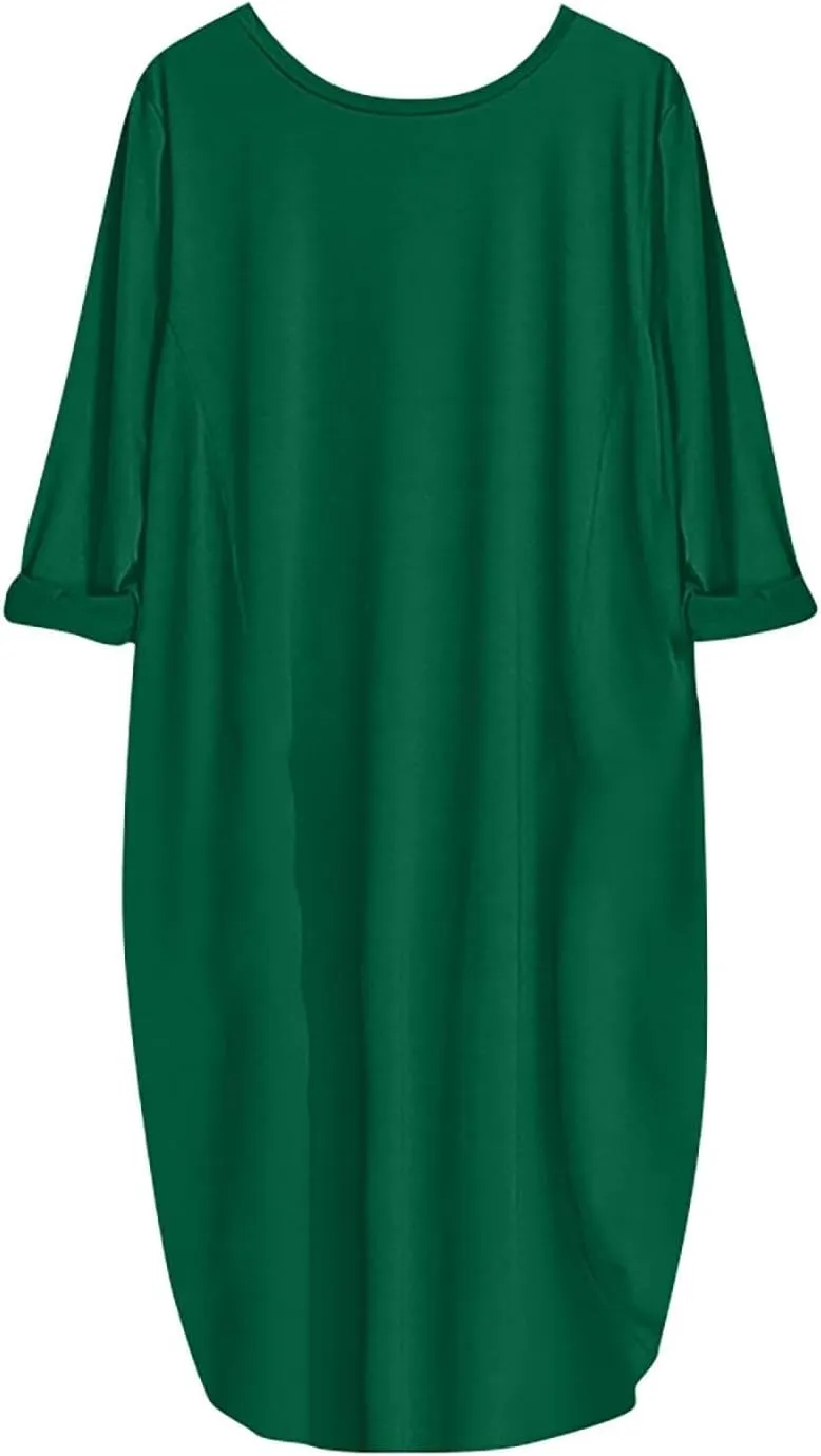 Women's Oversize Baggy Roll-Up Long Sleeve T Shirt Dress for Curvy Causal Loose Midi Tunic Dresses with Pockets