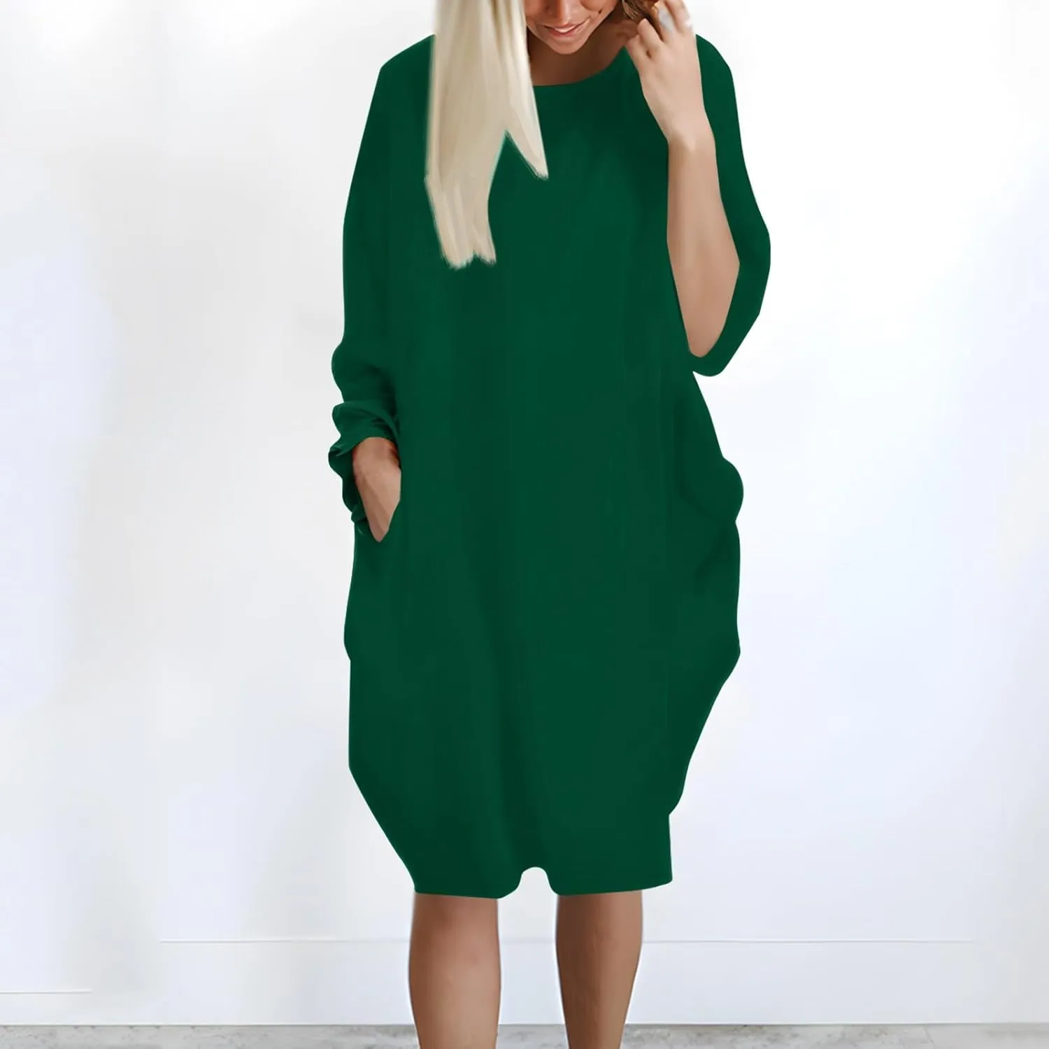 Women's Oversize Baggy Roll-Up Long Sleeve T Shirt Dress for Curvy Causal Loose Midi Tunic Dresses with Pockets