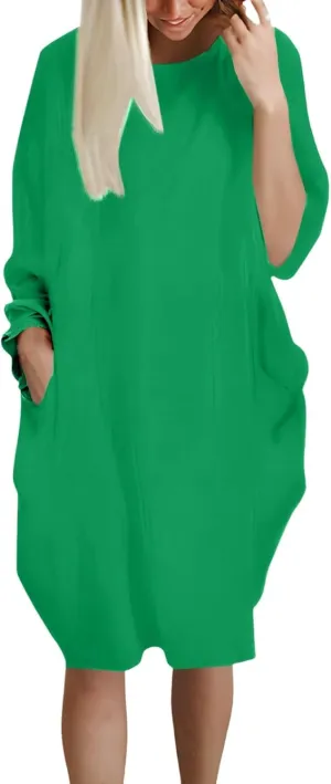Women's Oversize Baggy Roll-Up Long Sleeve T Shirt Dress for Curvy Causal Loose Midi Tunic Dresses with Pockets