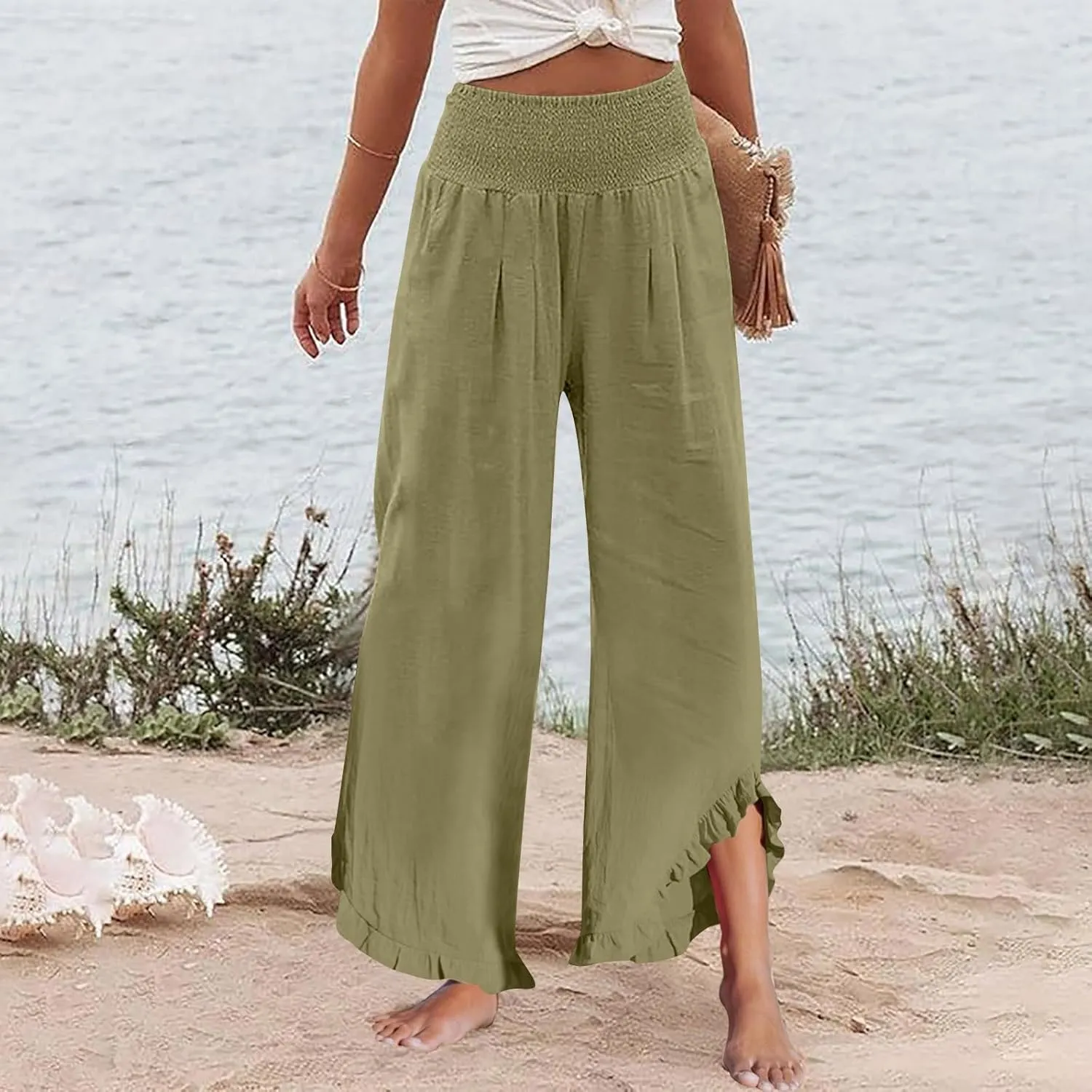 Womens Palazzo Linen Pants Casual Smocked High Waisted Ruffle Hem Wide Leg Pants Summer Loose Beach Pant with Pockets