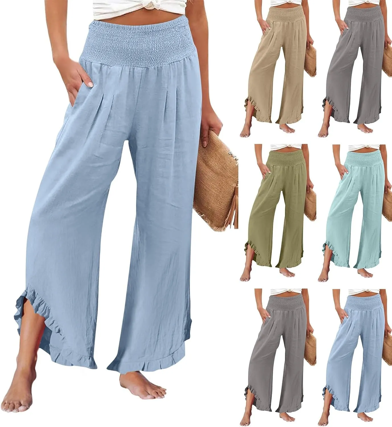 Womens Palazzo Linen Pants Casual Smocked High Waisted Ruffle Hem Wide Leg Pants Summer Loose Beach Pant with Pockets