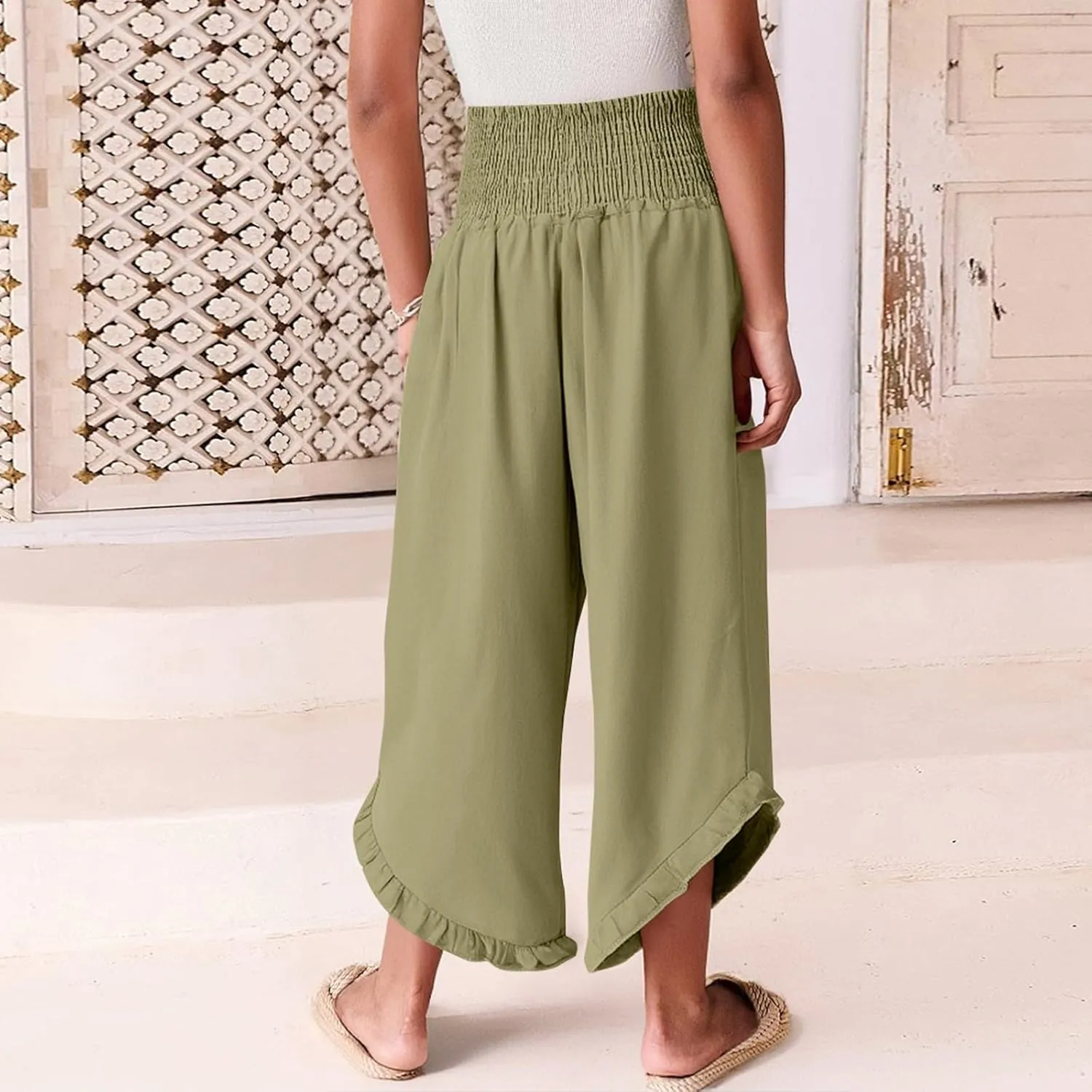 Womens Palazzo Linen Pants Casual Smocked High Waisted Ruffle Hem Wide Leg Pants Summer Loose Beach Pant with Pockets