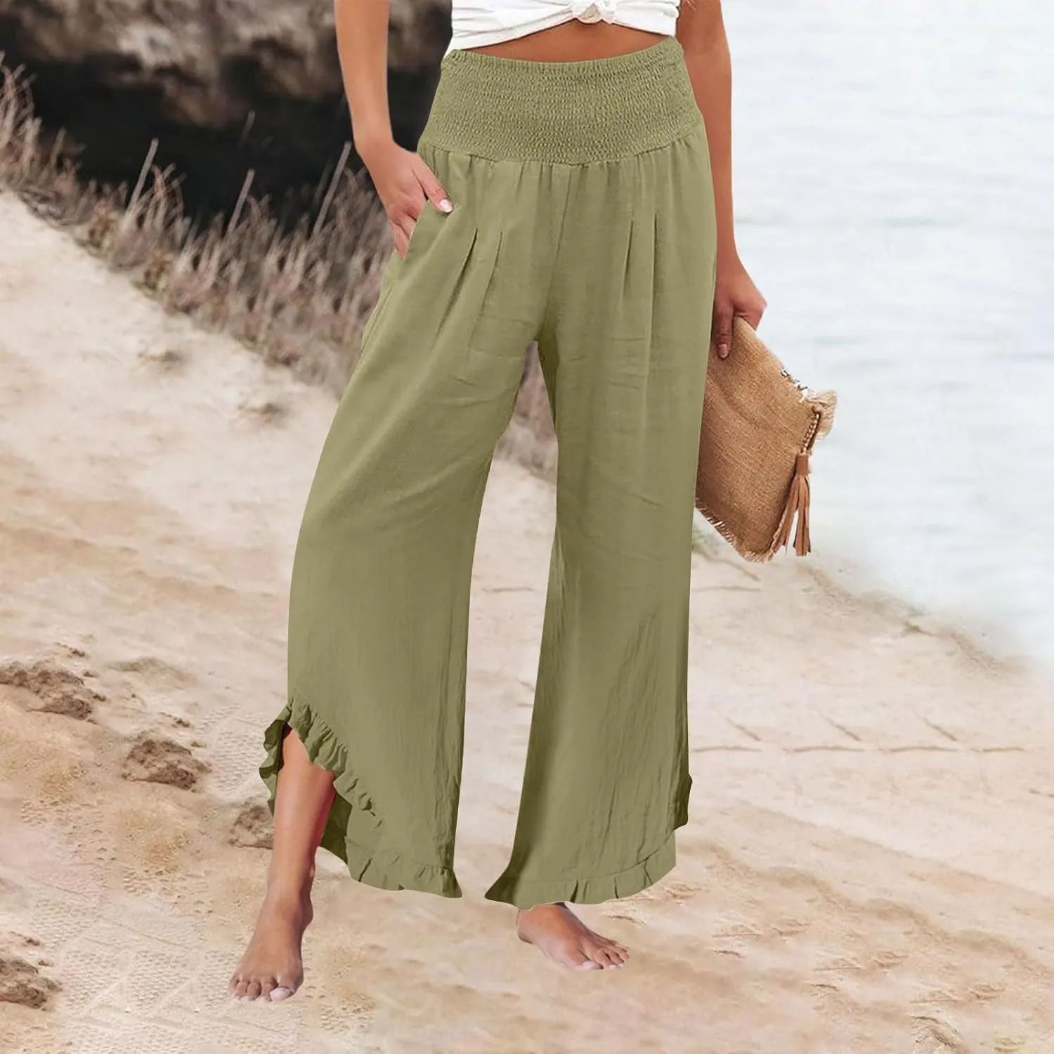 Womens Palazzo Linen Pants Casual Smocked High Waisted Ruffle Hem Wide Leg Pants Summer Loose Beach Pant with Pockets