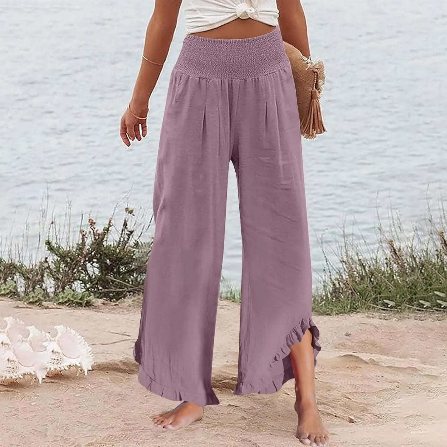 Womens Palazzo Linen Pants Casual Smocked High Waisted Ruffle Hem Wide Leg Pants Summer Loose Beach Pant with Pockets