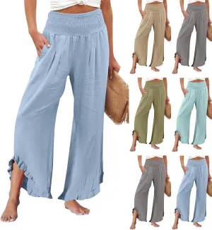 Womens Palazzo Linen Pants Smocked High Waisted Ruffle Hem Wide Leg Pants Loose Fit Summer Beach Trousers with Pockets
