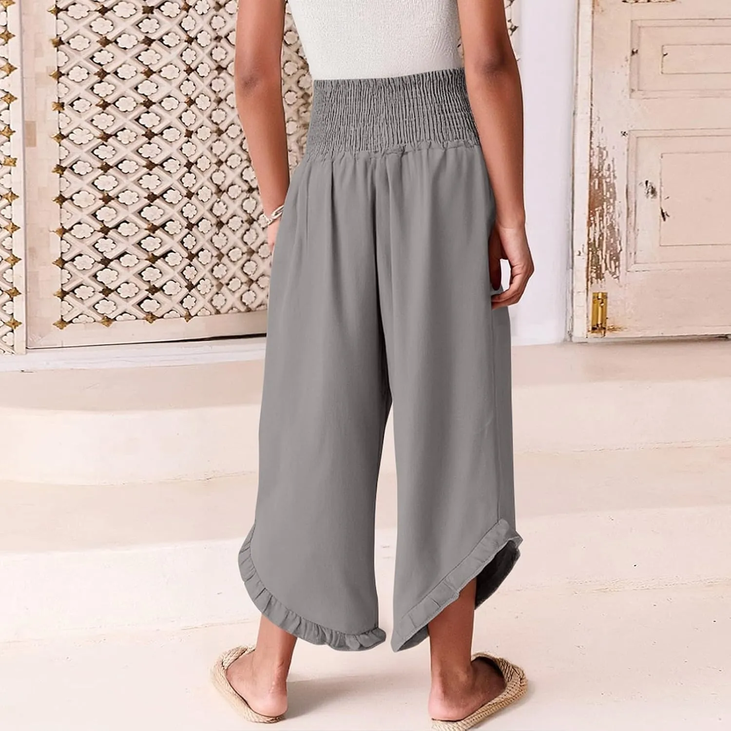 Womens Palazzo Linen Pants Smocked High Waisted Ruffle Hem Wide Leg Pants Loose Fit Summer Beach Trousers with Pockets