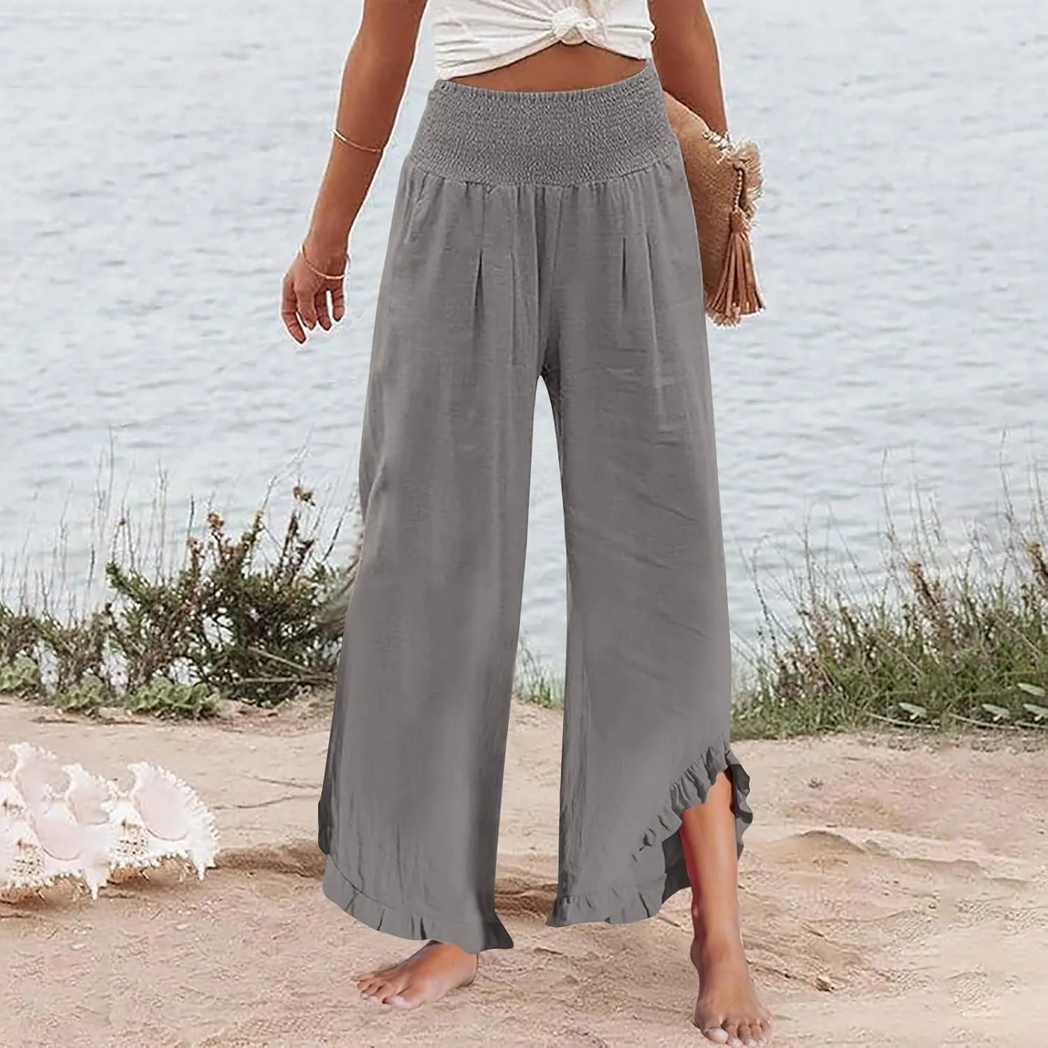 Womens Palazzo Linen Pants Smocked High Waisted Ruffle Hem Wide Leg Pants Loose Fit Summer Beach Trousers with Pockets
