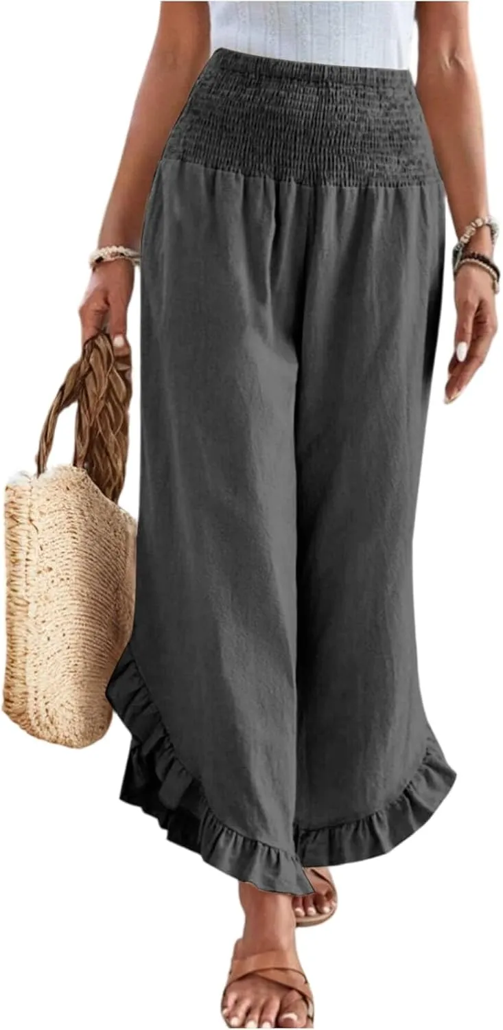Women's Palazzo Pants Casual Summer Smocked Waisted Linen Pants Trendy Ruffle Hem Wide Leg Trousers Loose Beach Pant