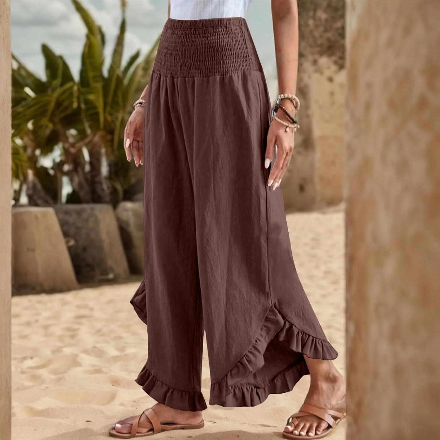 Womens Palazzo Pants Casual Summer Smocked Waisted Linen Pants Trendy Ruffle Hem Wide Leg Trousers Loose Beach Pant