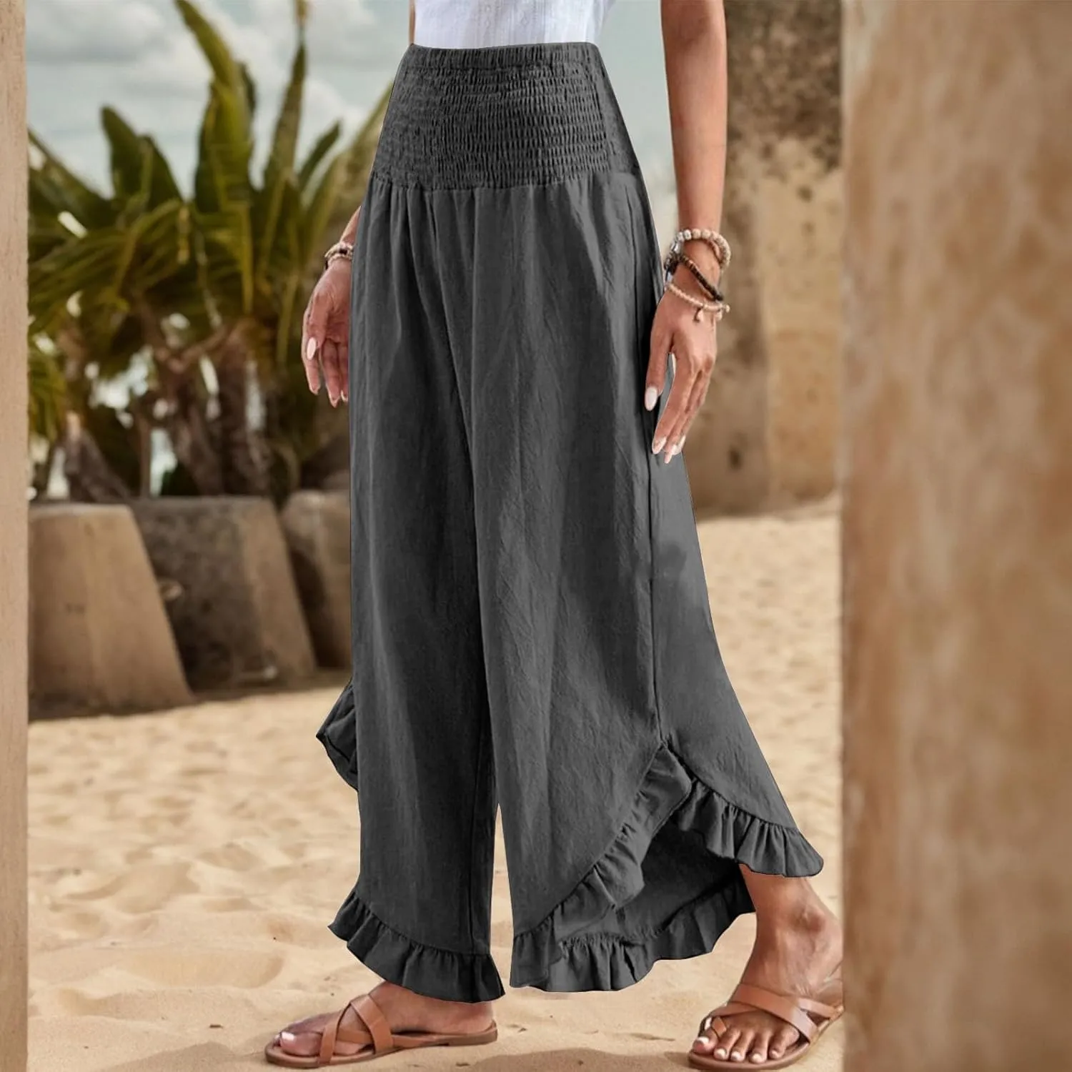 Women's Palazzo Pants Casual Summer Smocked Waisted Linen Pants Trendy Ruffle Hem Wide Leg Trousers Loose Beach Pant