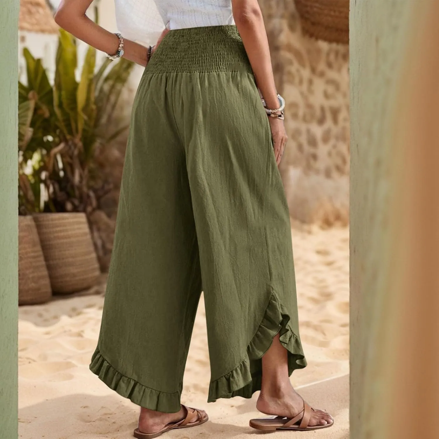 Women's Palazzo Pants Casual Summer Smocked Waisted Linen Pants Trendy Ruffle Hem Wide Leg Trousers Loose Beach Pant