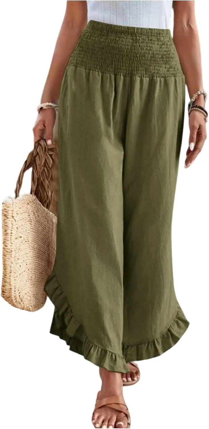 Women's Palazzo Pants Casual Summer Smocked Waisted Linen Pants Trendy Ruffle Hem Wide Leg Trousers Loose Beach Pant