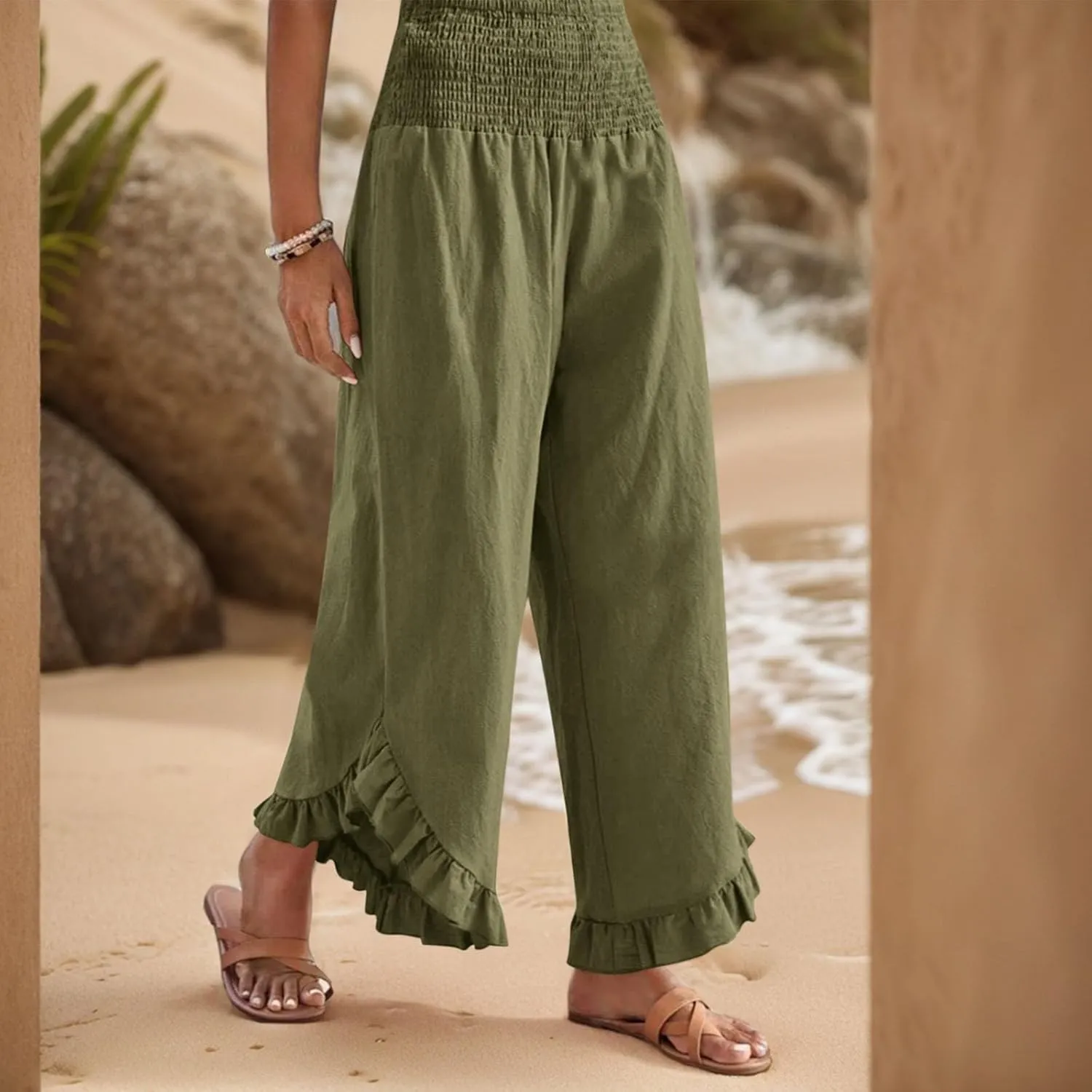 Women's Palazzo Pants Casual Summer Smocked Waisted Linen Pants Trendy Ruffle Hem Wide Leg Trousers Loose Beach Pant