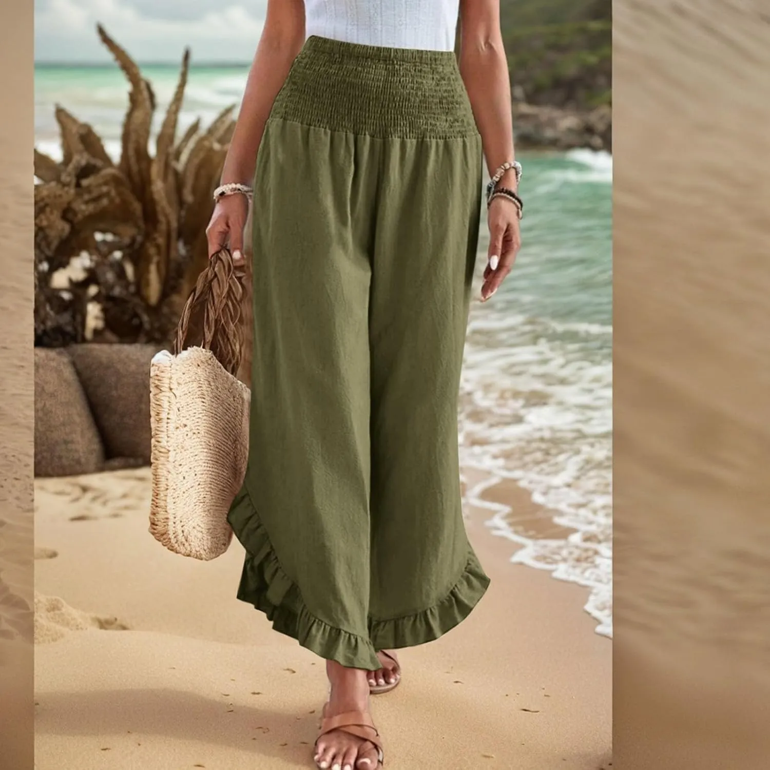 Women's Palazzo Pants Casual Summer Smocked Waisted Linen Pants Trendy Ruffle Hem Wide Leg Trousers Loose Beach Pant