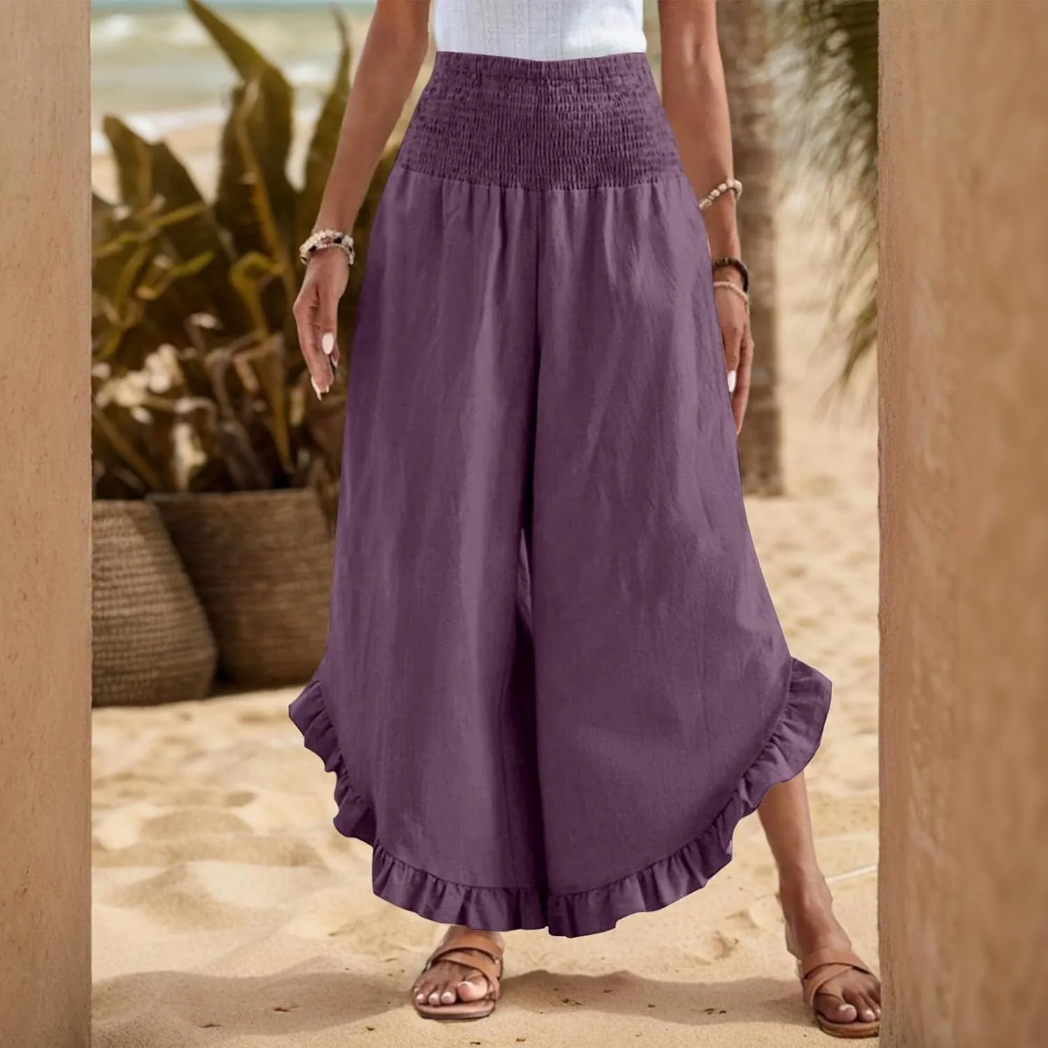 Womens Palazzo Pants Casual Summer Smocked Waisted Linen Pants Trendy Ruffle Hem Wide Leg Trousers Loose Beach Pant