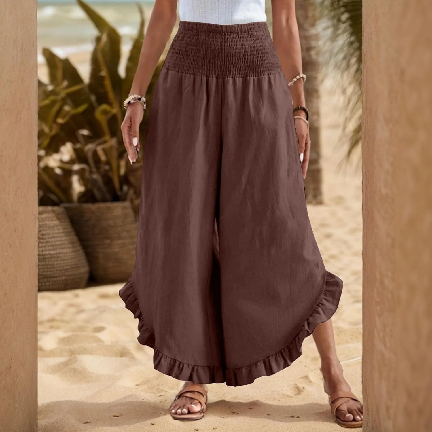 Womens Palazzo Pants Casual Summer Smocked Waisted Linen Pants Trendy Ruffle Hem Wide Leg Trousers Loose Beach Pant