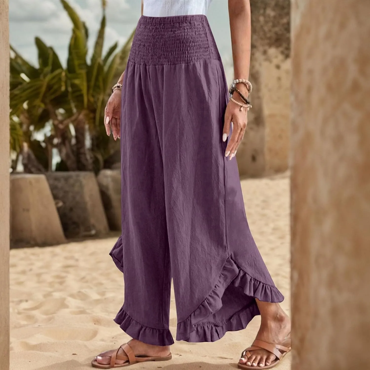 Womens Palazzo Pants Casual Summer Smocked Waisted Linen Pants Trendy Ruffle Hem Wide Leg Trousers Loose Beach Pant