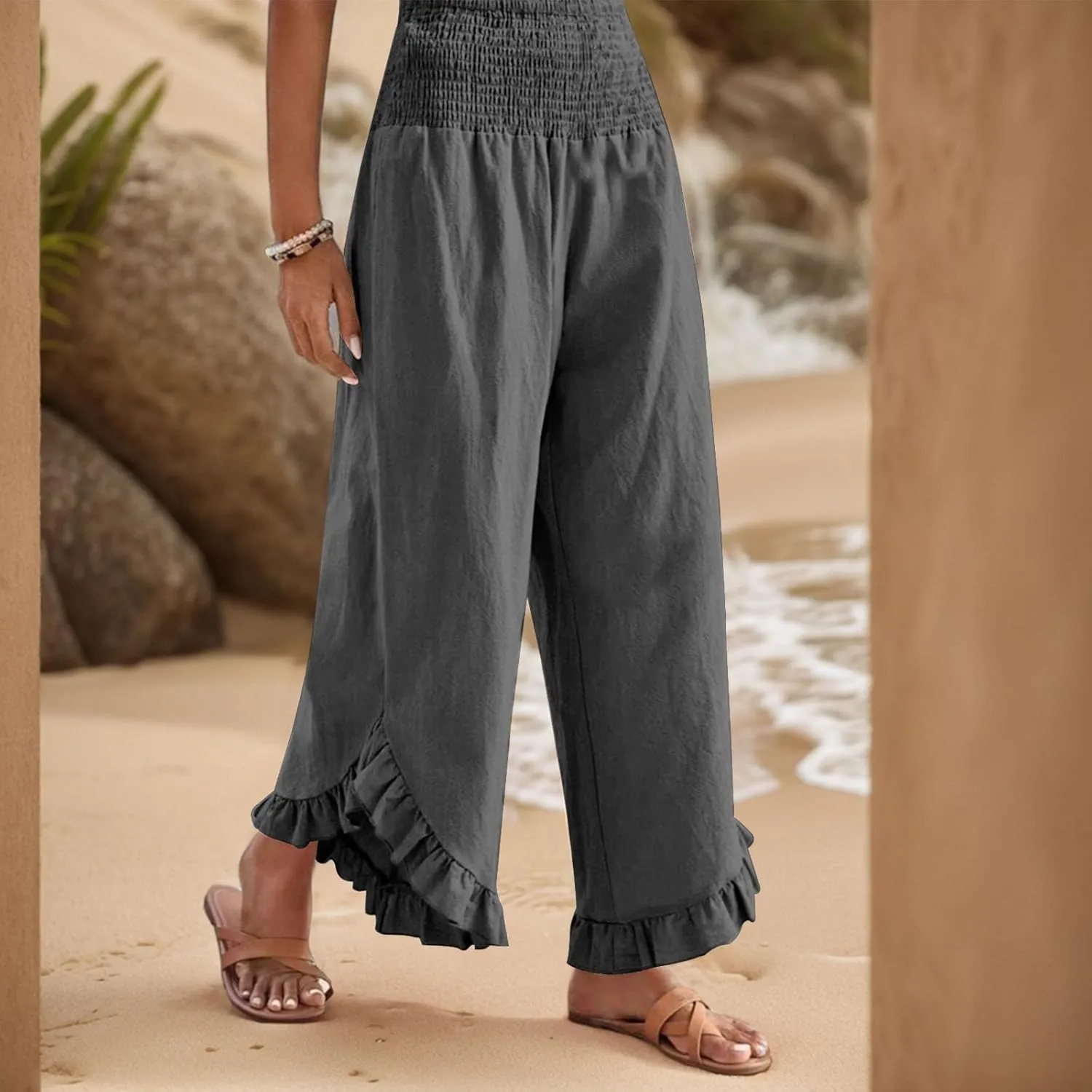 Women's Palazzo Pants Casual Summer Smocked Waisted Linen Pants Trendy Ruffle Hem Wide Leg Trousers Loose Beach Pant