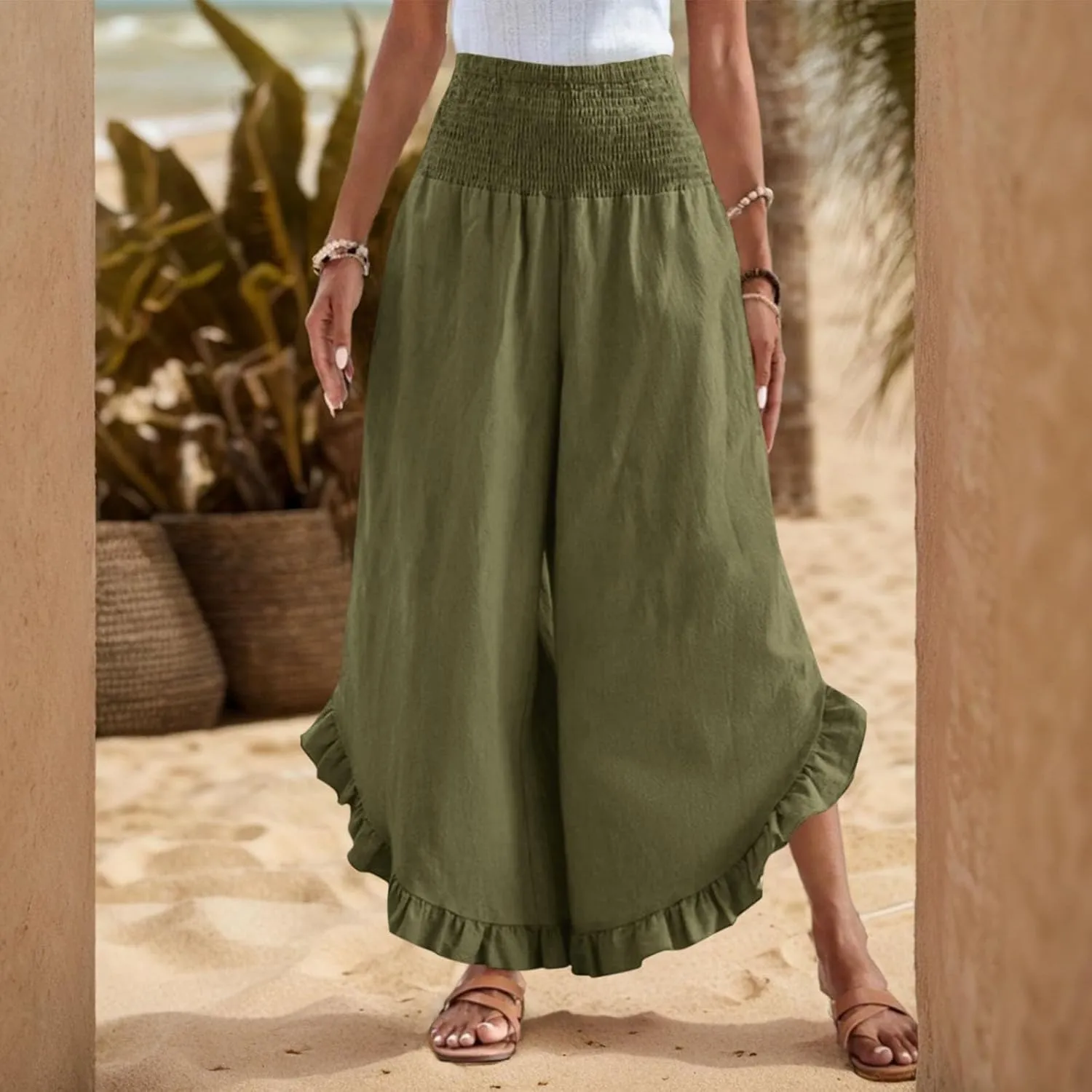 Women's Palazzo Pants Casual Summer Smocked Waisted Linen Pants Trendy Ruffle Hem Wide Leg Trousers Loose Beach Pant