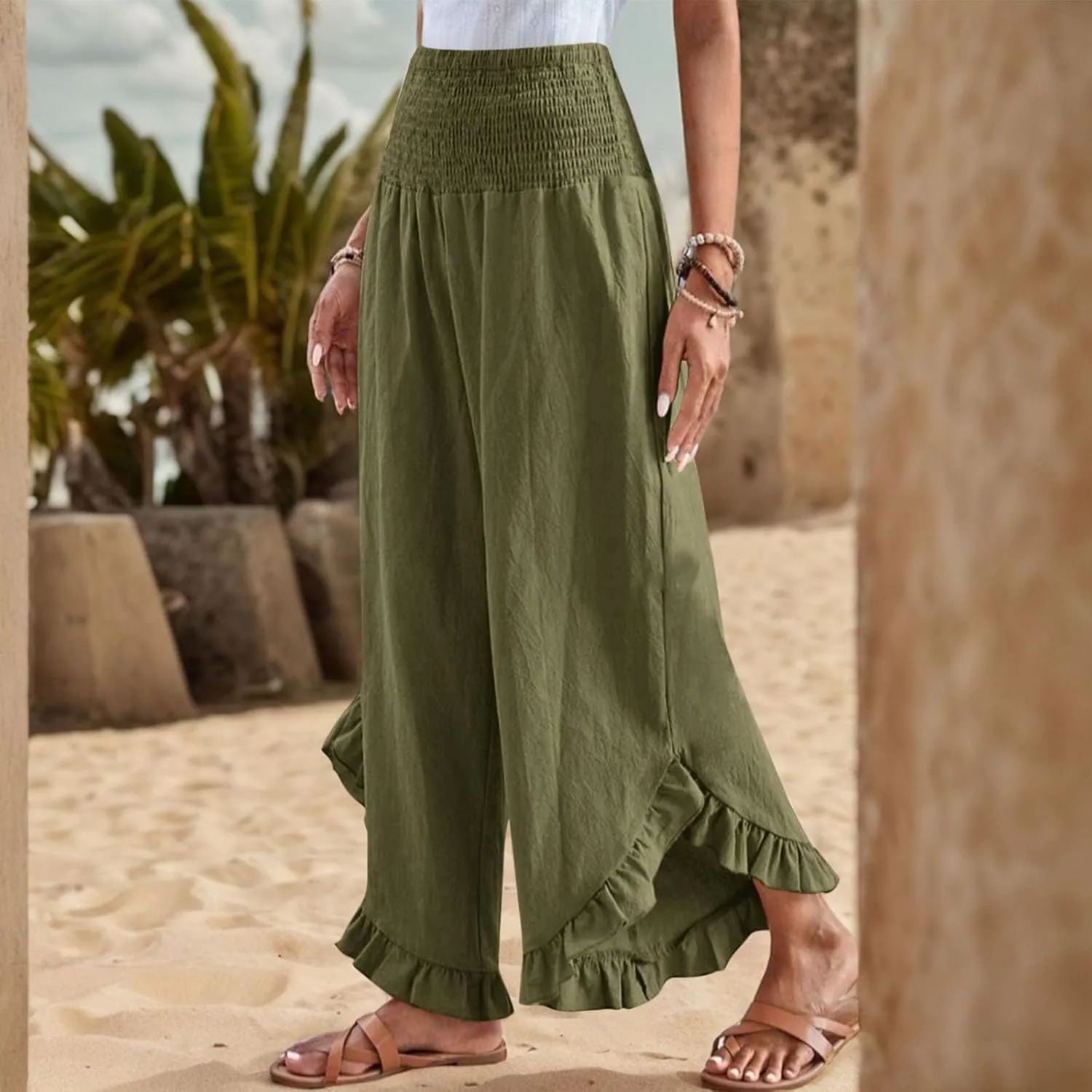 Women's Palazzo Pants Casual Summer Smocked Waisted Linen Pants Trendy Ruffle Hem Wide Leg Trousers Loose Beach Pant