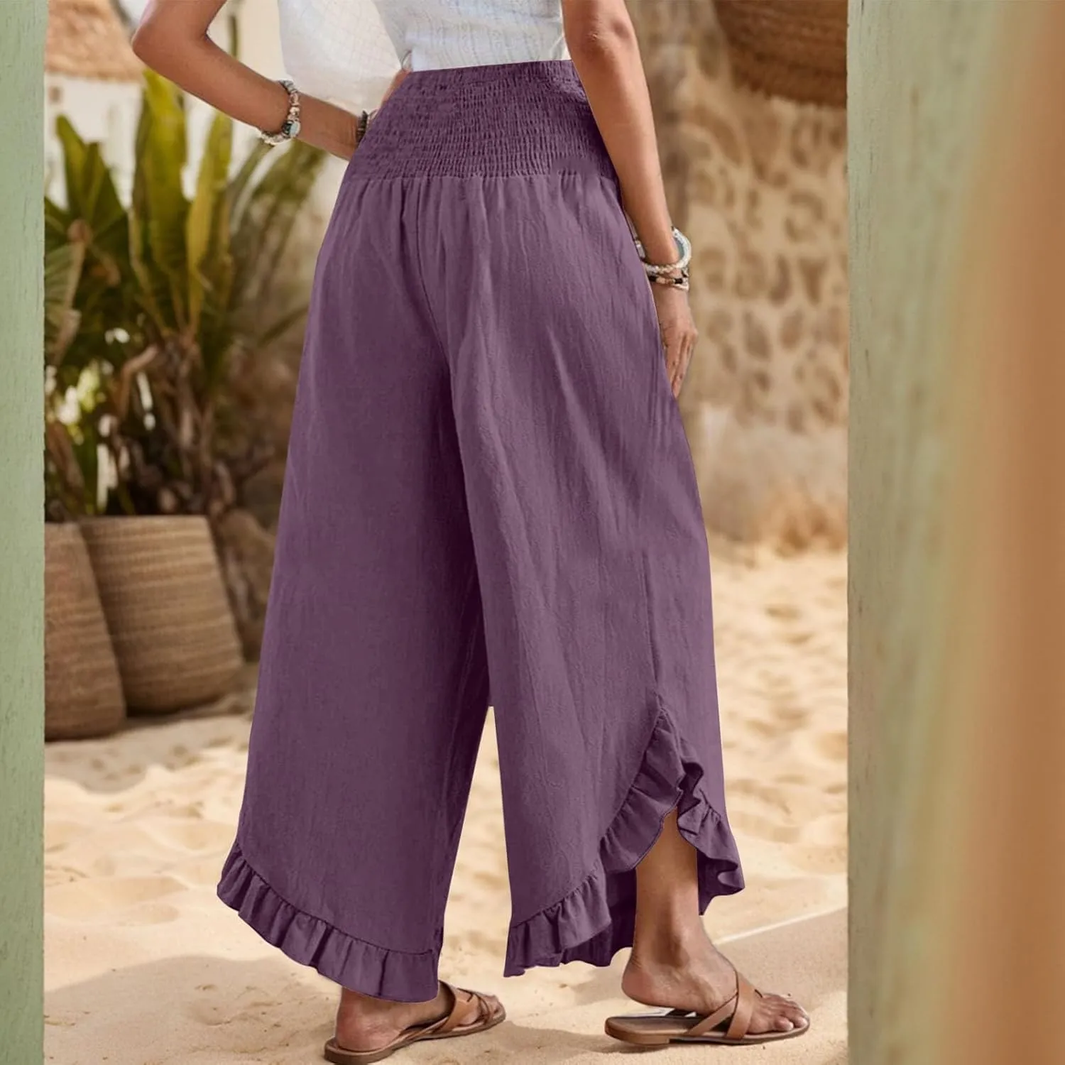 Womens Palazzo Pants Casual Summer Smocked Waisted Linen Pants Trendy Ruffle Hem Wide Leg Trousers Loose Beach Pant
