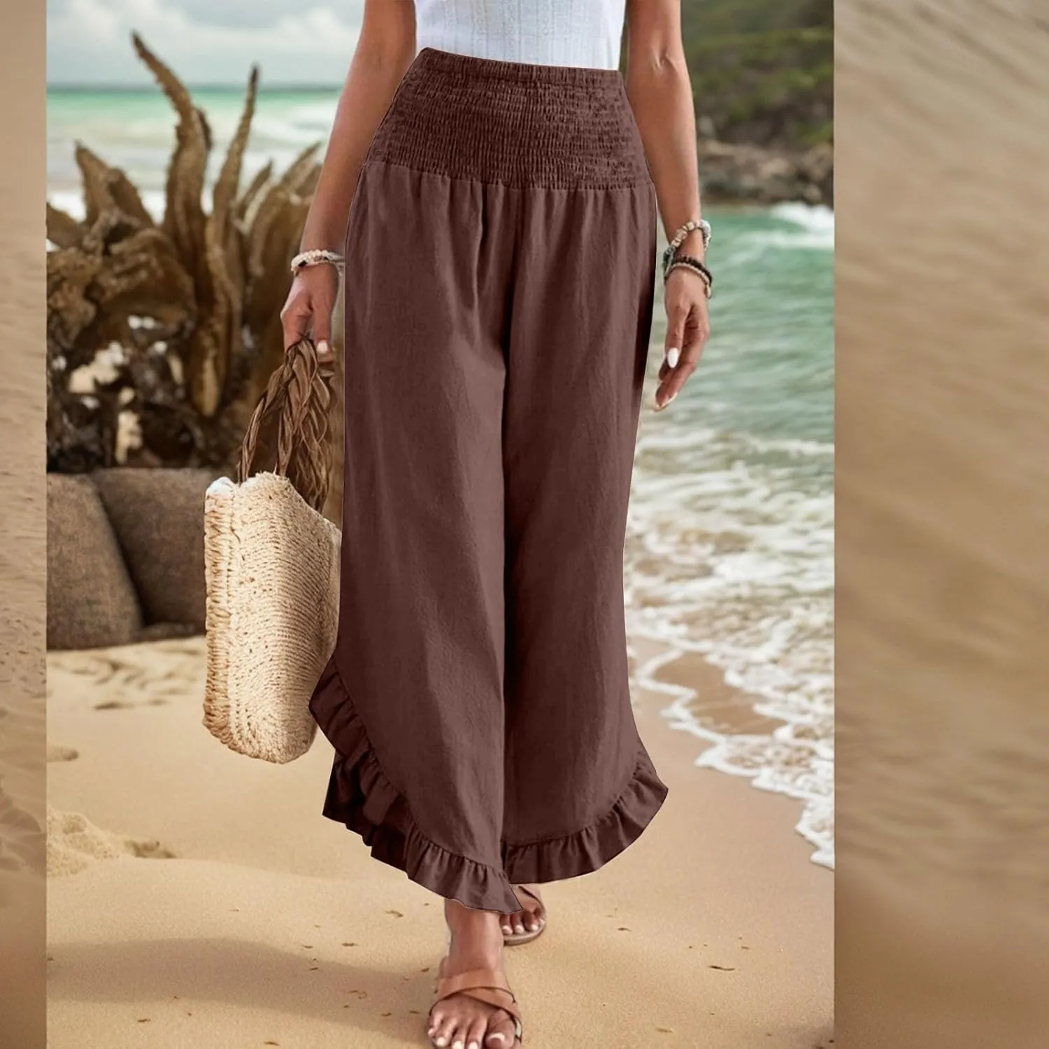 Womens Palazzo Pants Casual Summer Smocked Waisted Linen Pants Trendy Ruffle Hem Wide Leg Trousers Loose Beach Pant
