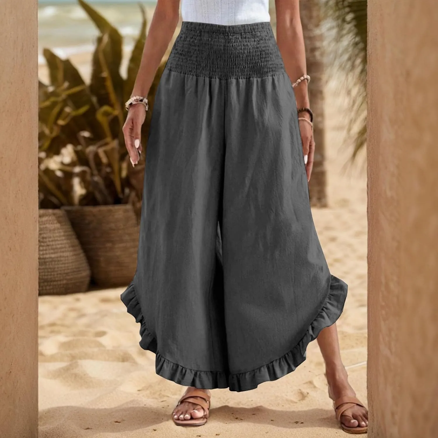 Women's Palazzo Pants Casual Summer Smocked Waisted Linen Pants Trendy Ruffle Hem Wide Leg Trousers Loose Beach Pant