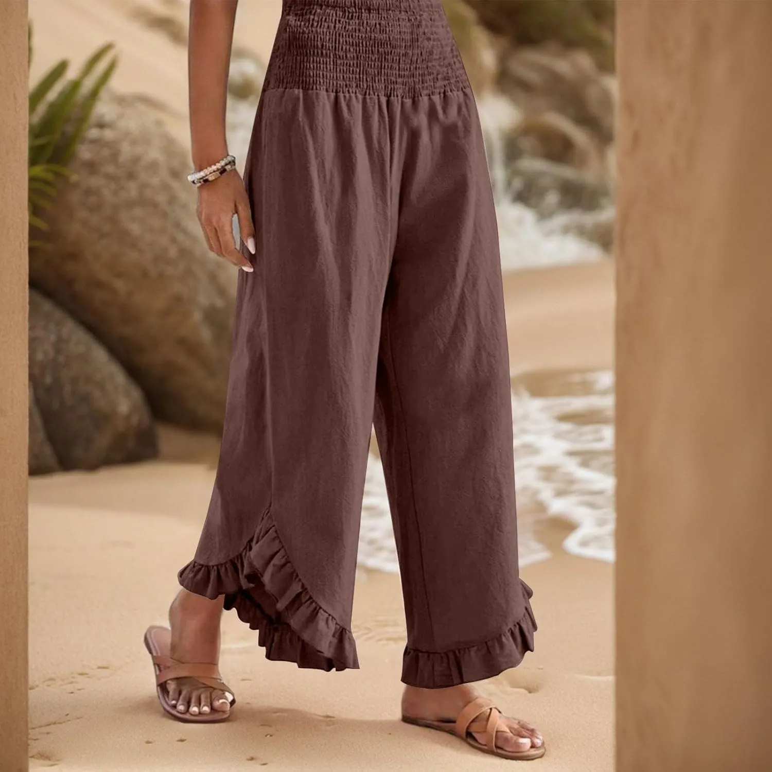 Womens Palazzo Pants Casual Summer Smocked Waisted Linen Pants Trendy Ruffle Hem Wide Leg Trousers Loose Beach Pant