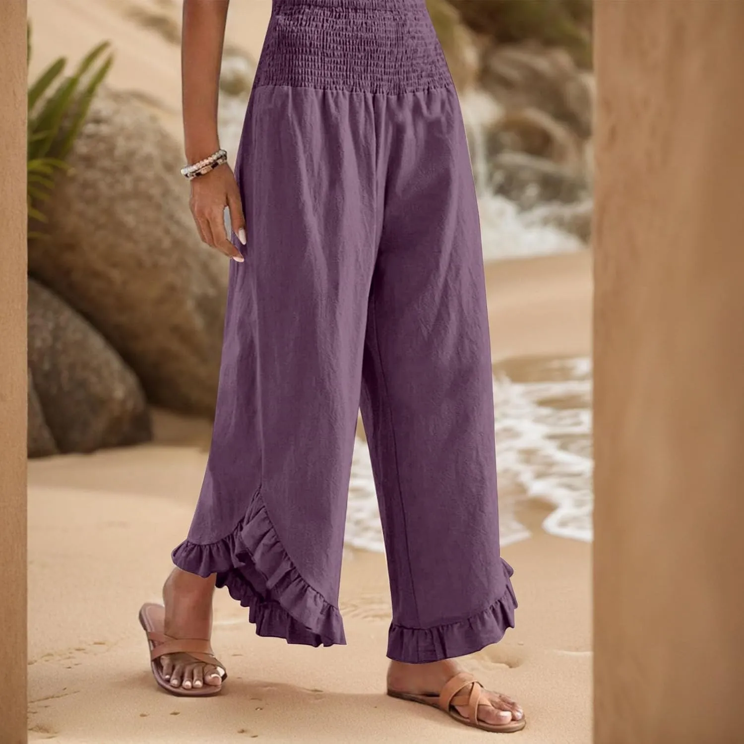 Womens Palazzo Pants Casual Summer Smocked Waisted Linen Pants Trendy Ruffle Hem Wide Leg Trousers Loose Beach Pant