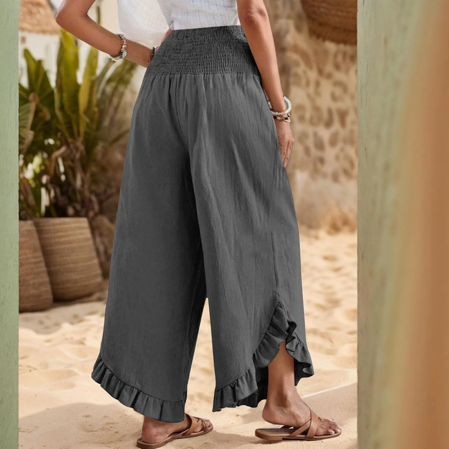 Women's Palazzo Pants Casual Summer Smocked Waisted Linen Pants Trendy Ruffle Hem Wide Leg Trousers Loose Beach Pant