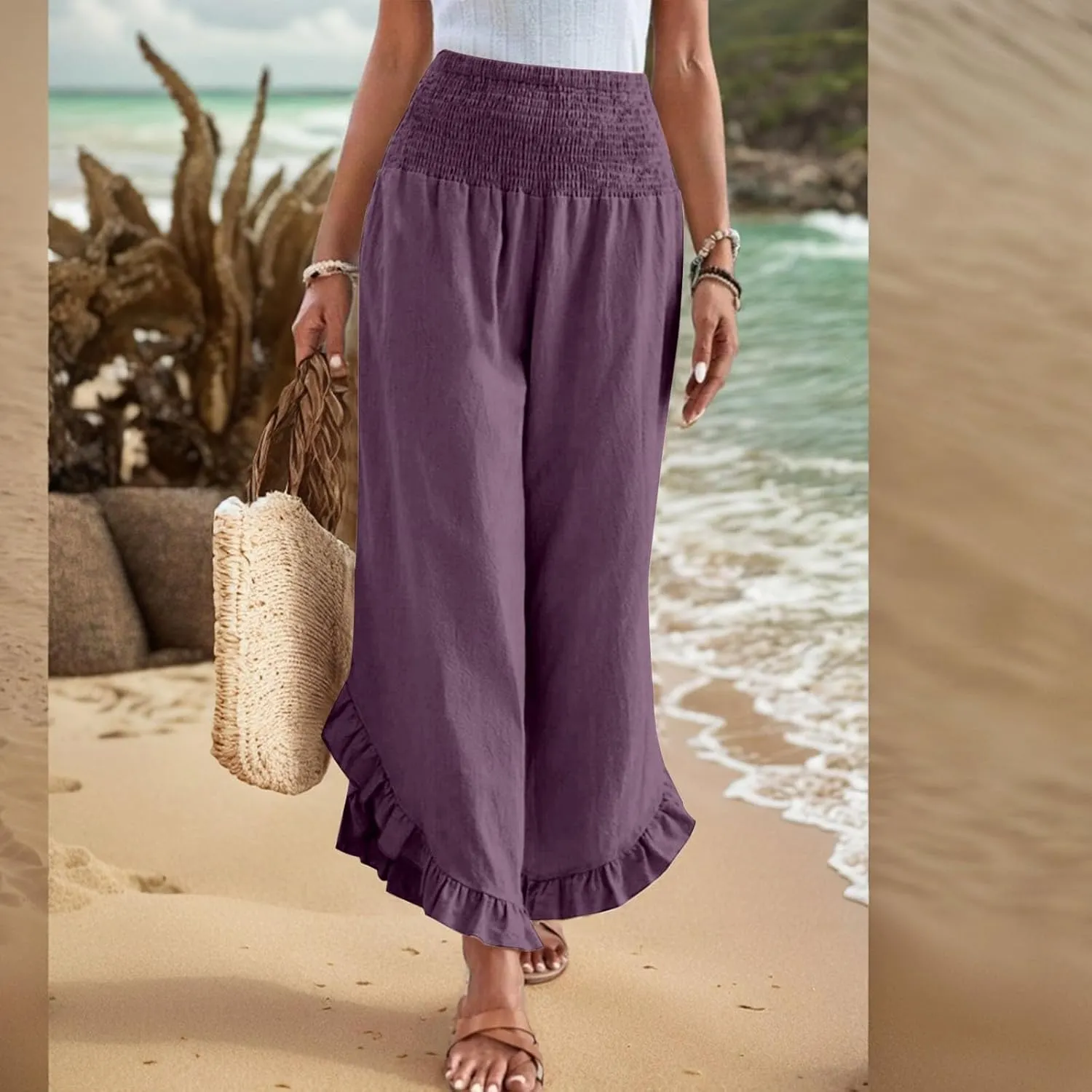 Womens Palazzo Pants Casual Summer Smocked Waisted Linen Pants Trendy Ruffle Hem Wide Leg Trousers Loose Beach Pant