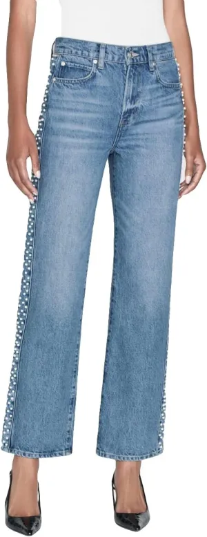 Women's Pearl Beaded Straight Wide Leg Jeans High Waisted Ankle Length Denim Pants