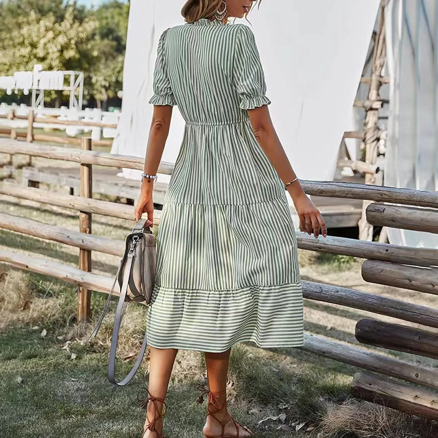 Women's Plaid Button Down Shirt Dress Long Sleeve Gingham Swing Dresses Stand Collar Knee Length Ruffle Mini Dress