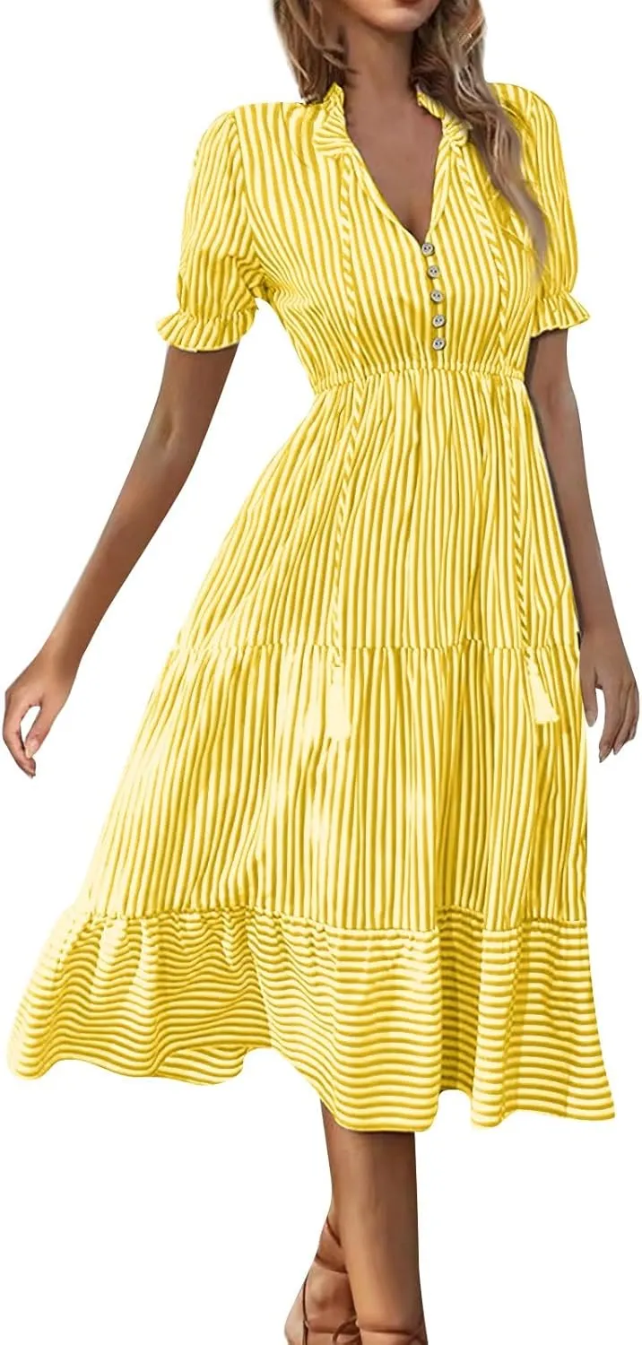 Women's Plaid Button Down Shirt Dress Long Sleeve Gingham Swing Dresses Stand Collar Knee Length Ruffle Mini Dress