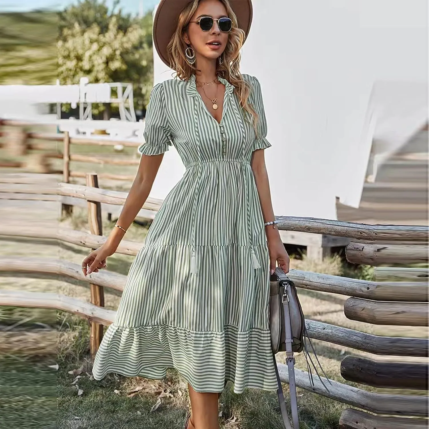 Women's Plaid Button Down Shirt Dress Long Sleeve Gingham Swing Dresses Stand Collar Knee Length Ruffle Mini Dress