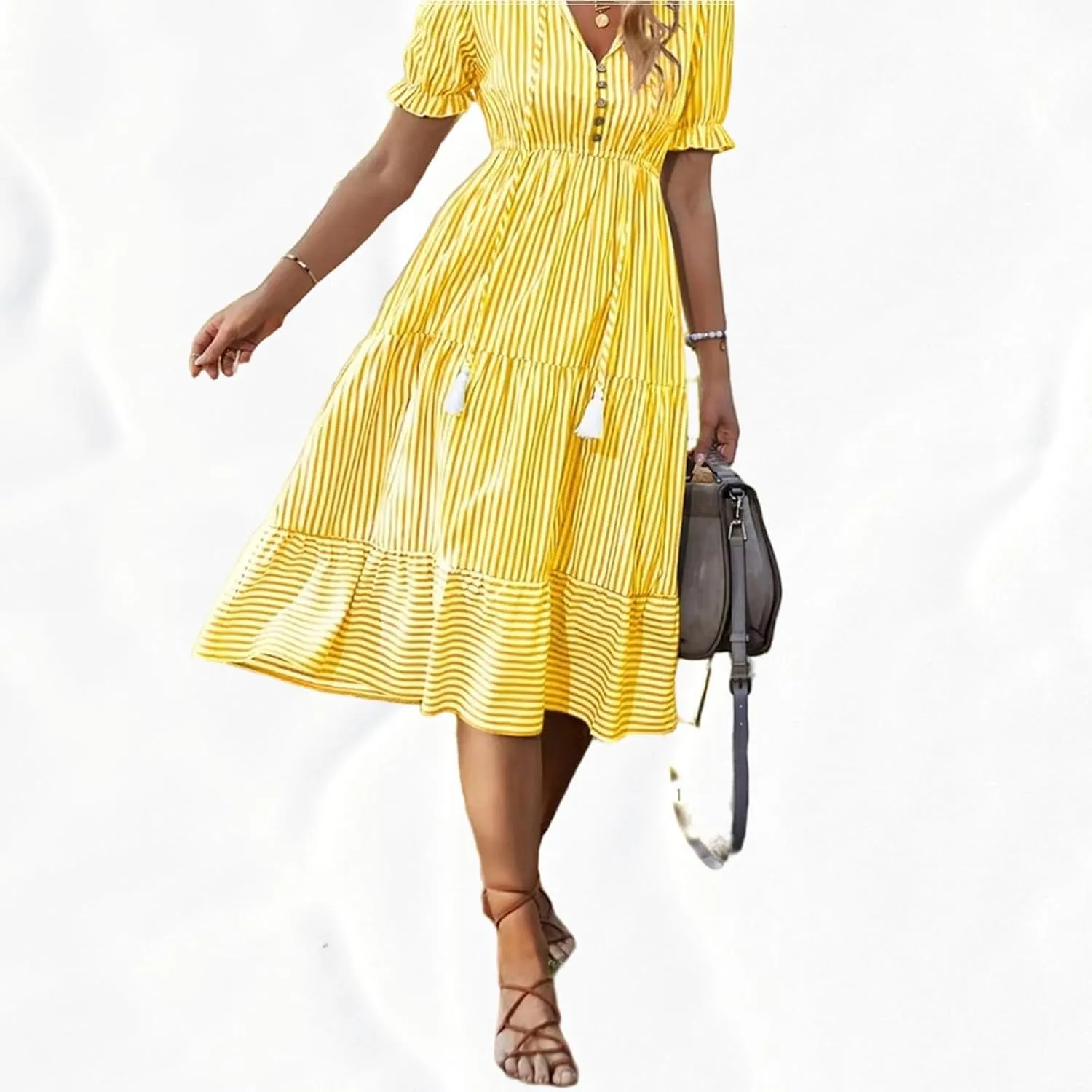 Women's Plaid Button Down Shirt Dress Long Sleeve Gingham Swing Dresses Stand Collar Knee Length Ruffle Mini Dress