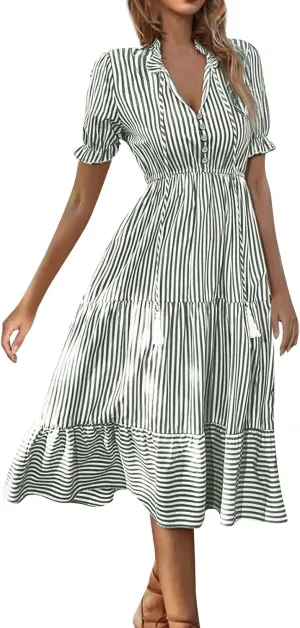 Women's Plaid Button Down Shirt Dress Long Sleeve Gingham Swing Dresses Stand Collar Knee Length Ruffle Mini Dress