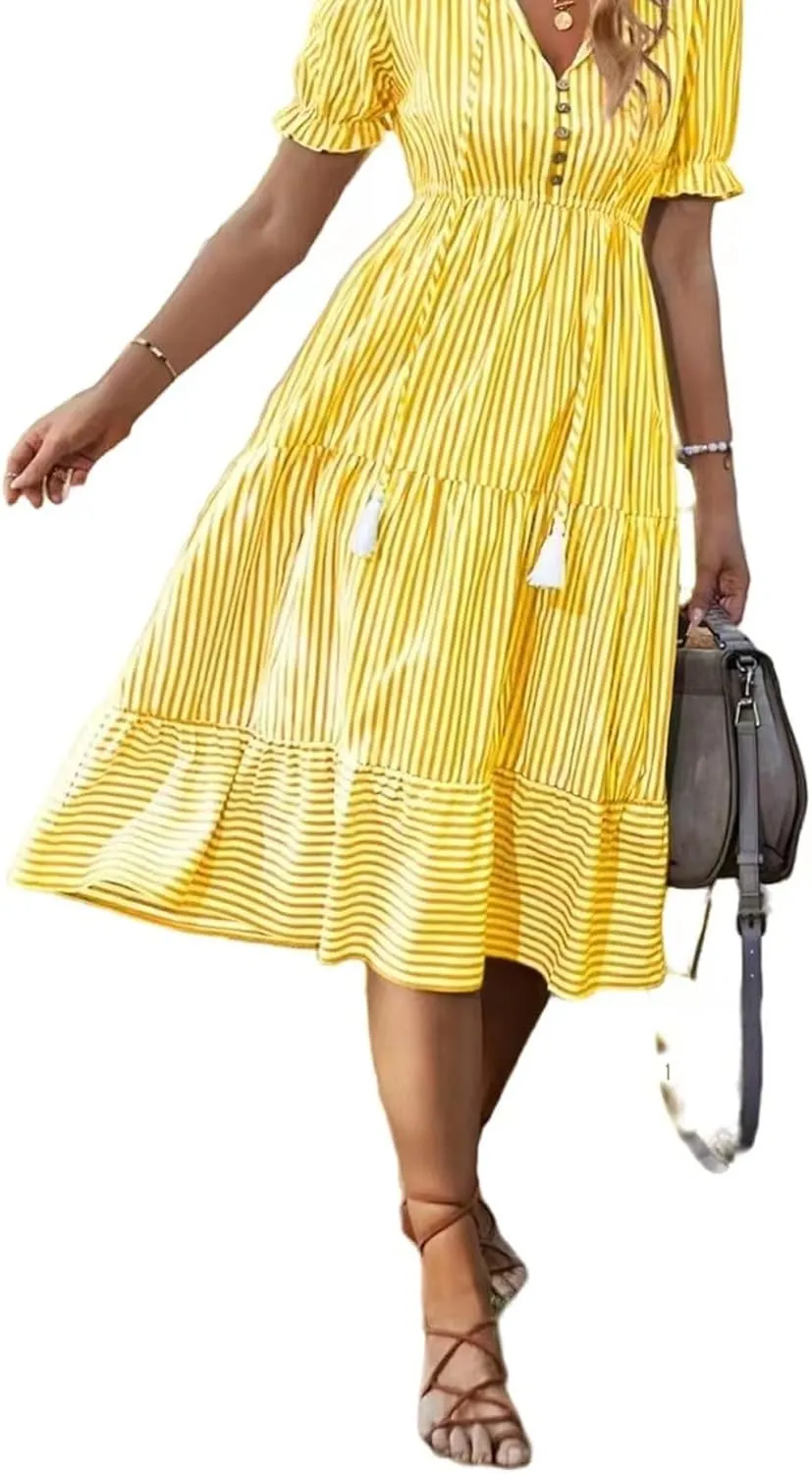 Women's Plaid Button Down Shirt Dress Long Sleeve Gingham Swing Dresses Stand Collar Knee Length Ruffle Mini Dress