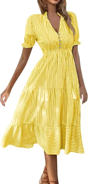 Women's Plaid Button Down Shirt Dress Long Sleeve Gingham Swing Dresses Stand Collar Knee Length Ruffle Mini Dress