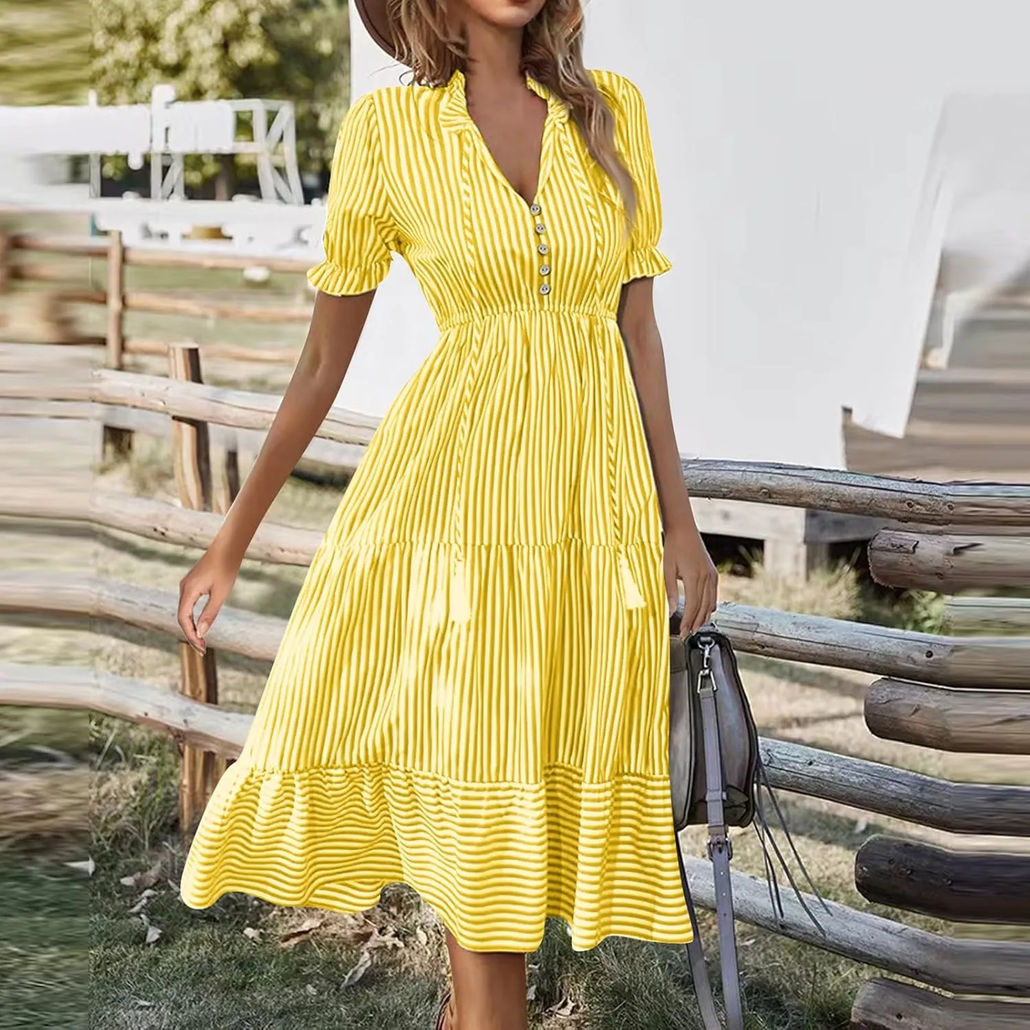 Women's Plaid Button Down Shirt Dress Long Sleeve Gingham Swing Dresses Stand Collar Knee Length Ruffle Mini Dress