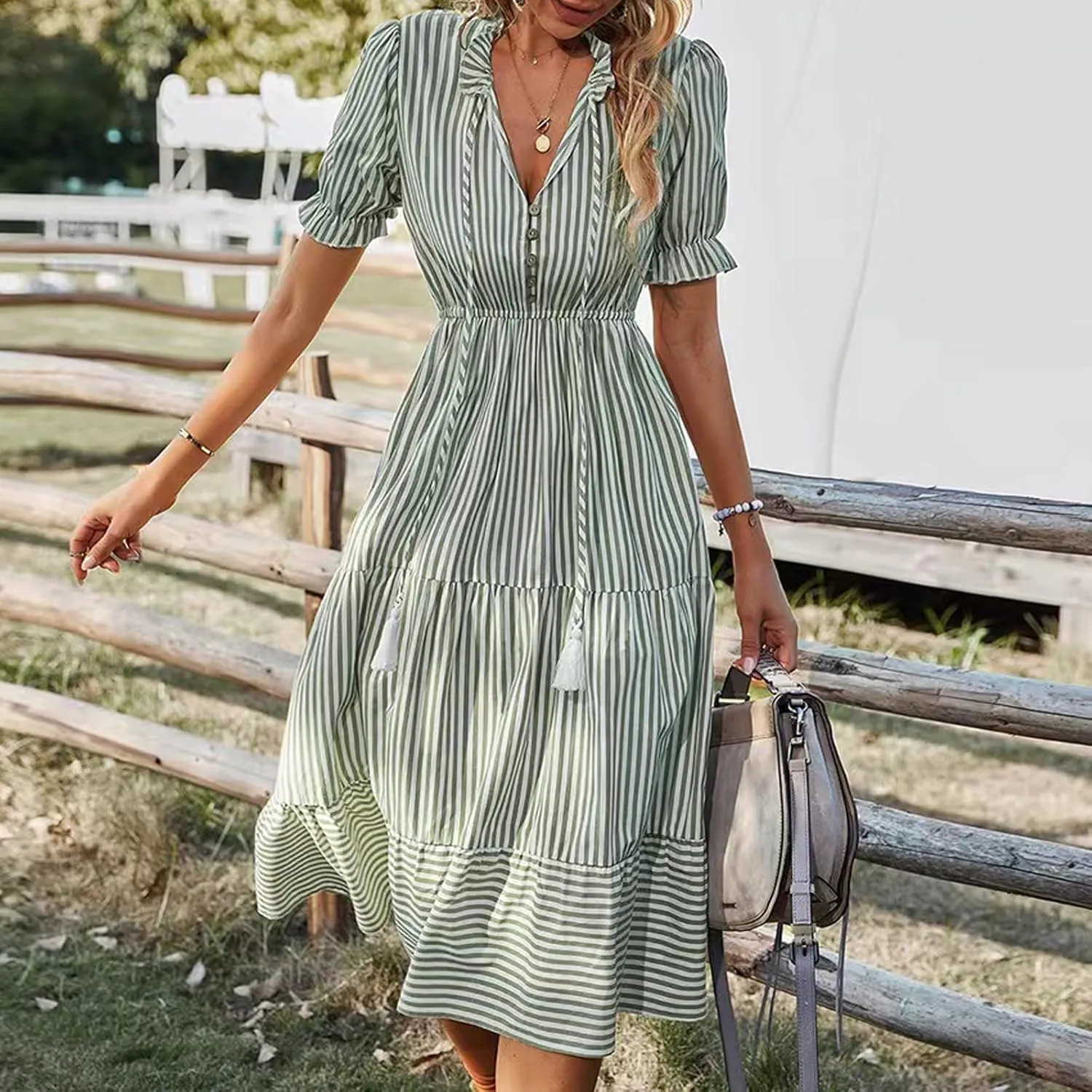 Women's Plaid Button Down Shirt Dress Long Sleeve Gingham Swing Dresses Stand Collar Knee Length Ruffle Mini Dress