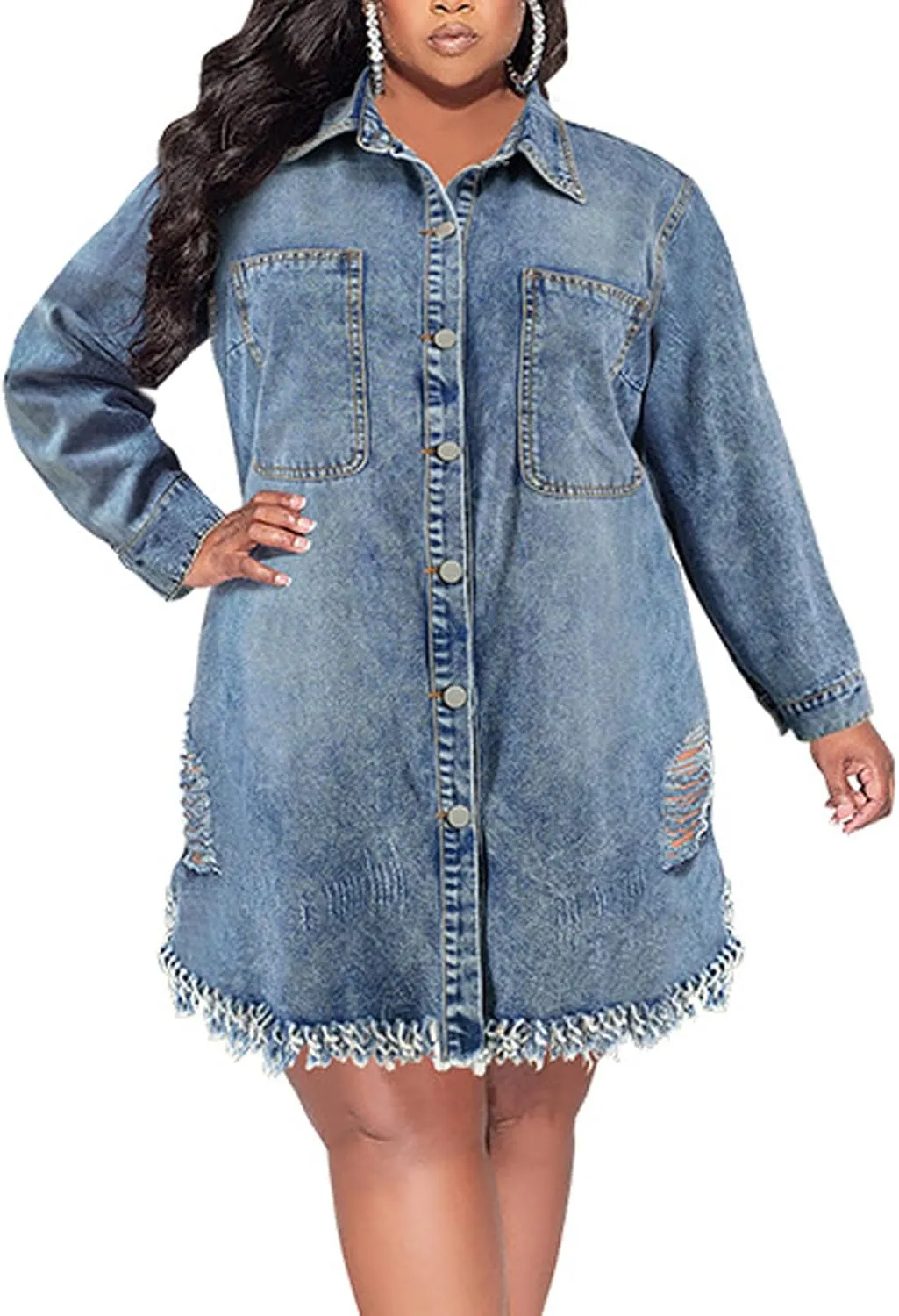 Women's Plus Size Denim Dress Casual Long Sleeve Ripped Fringed Hem Button Down Shirt Jean Jacket Long Coat