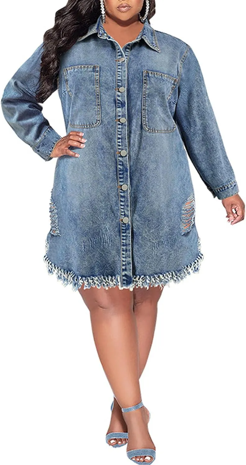 Women's Plus Size Denim Dress Casual Long Sleeve Ripped Fringed Hem Button Down Shirt Jean Jacket Long Coat
