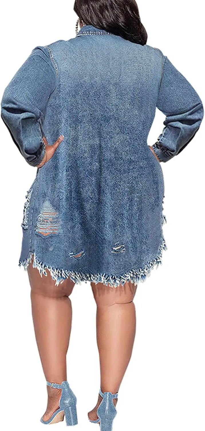 Women's Plus Size Denim Dress Casual Long Sleeve Ripped Fringed Hem Button Down Shirt Jean Jacket Long Coat