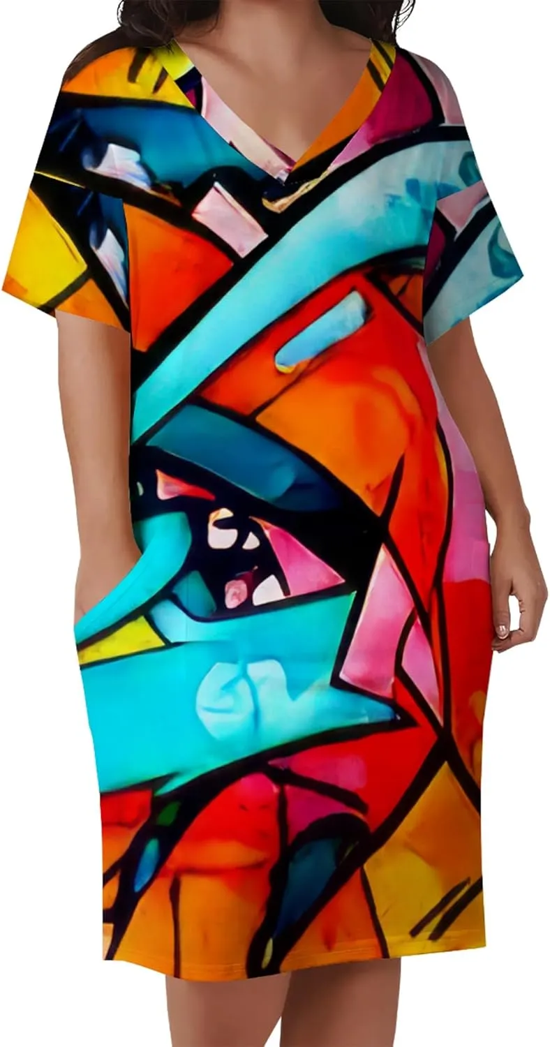 Women's Plus Size Summer Midi Dress Casual Short Sleeve Beach Baggy Long Dresses with Pocket
