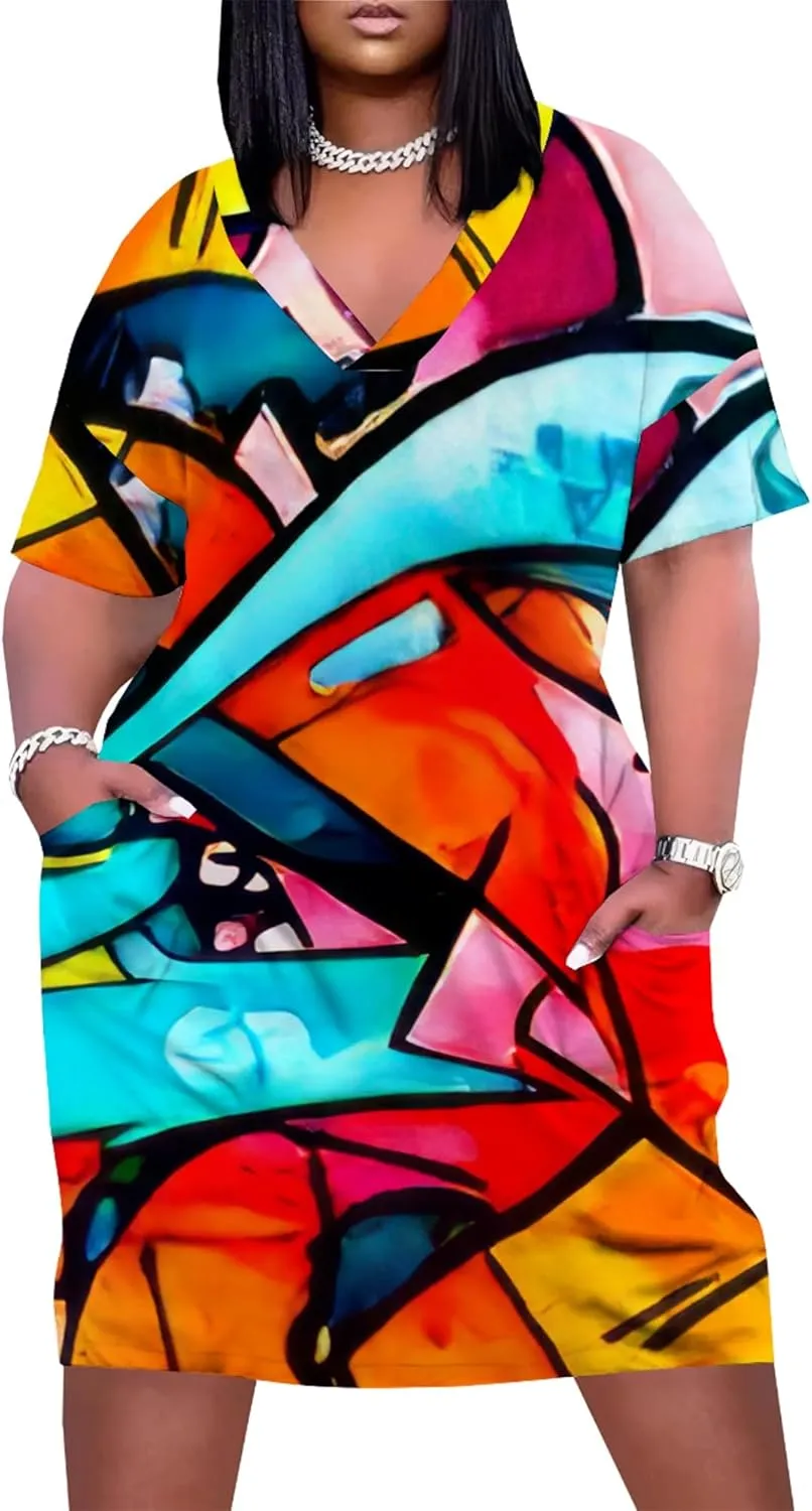 Women's Plus Size Summer Midi Dress Casual Short Sleeve Beach Baggy Long Dresses with Pocket