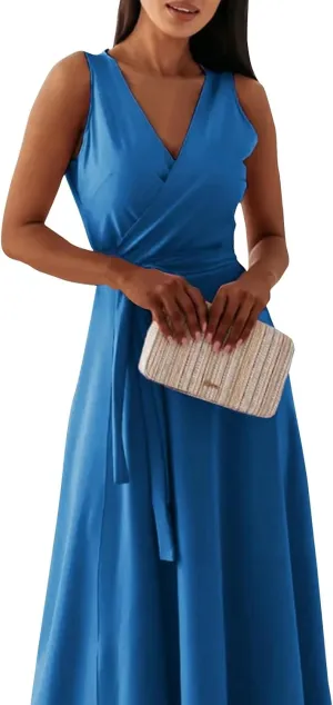 Women's Ruched Wrap V Neck Business Work Elegant Dress Sleeveless A Line Midi Ruched Church Dresses with Belt