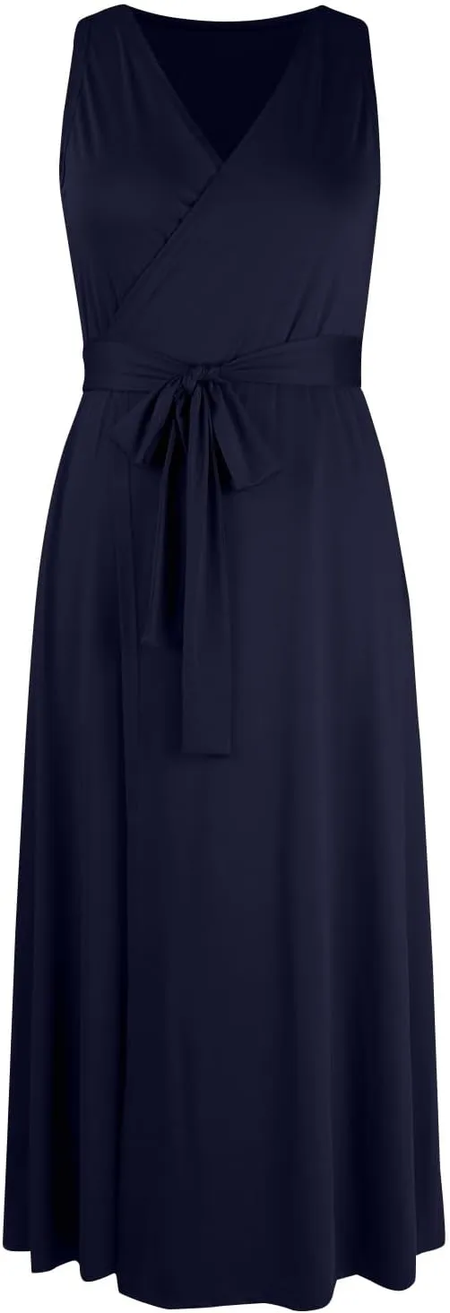 Women's Ruched Wrap V Neck Business Work Elegant Dress Sleeveless A Line Midi Ruched Church Dresses with Belt
